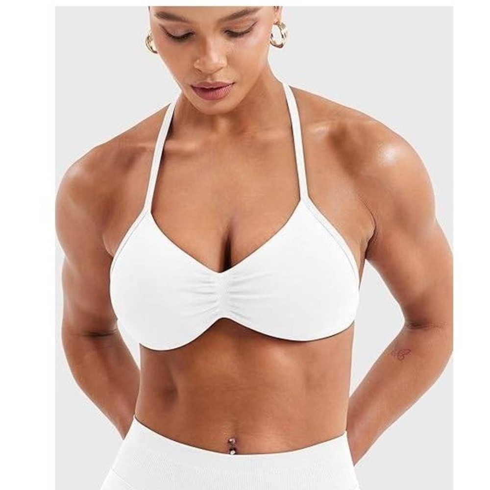 MSRP $24 YEOREO White S SoftHue Impact Strappy Halter Bra for Sports Wome